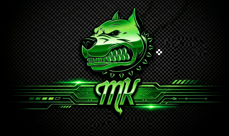 Logotipo MK de Makeadito con el perro verde